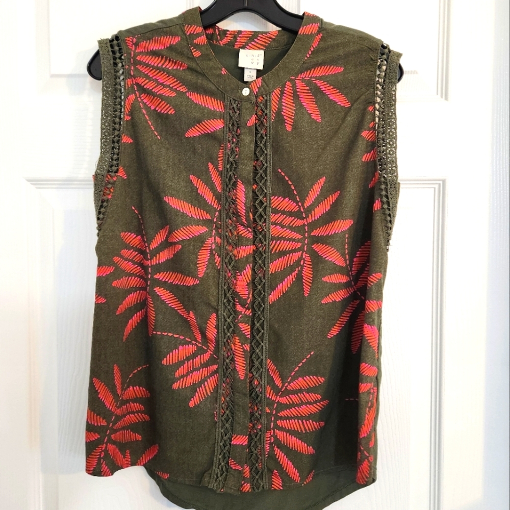 a new day Green Top Tank with Pink Leaf Print Sz S Sleeveless Button Down